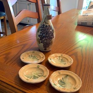 Olive oil bottle and dipping plates